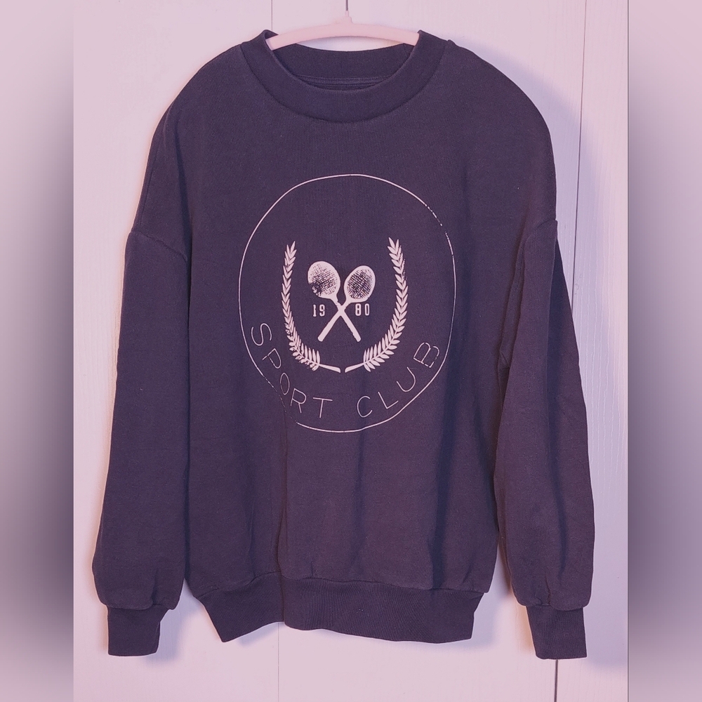 Oak + Fort Navy Varsity Graphic Sweatshirt Pullover Size Small Casual Sport Club - Picture 9 of 11